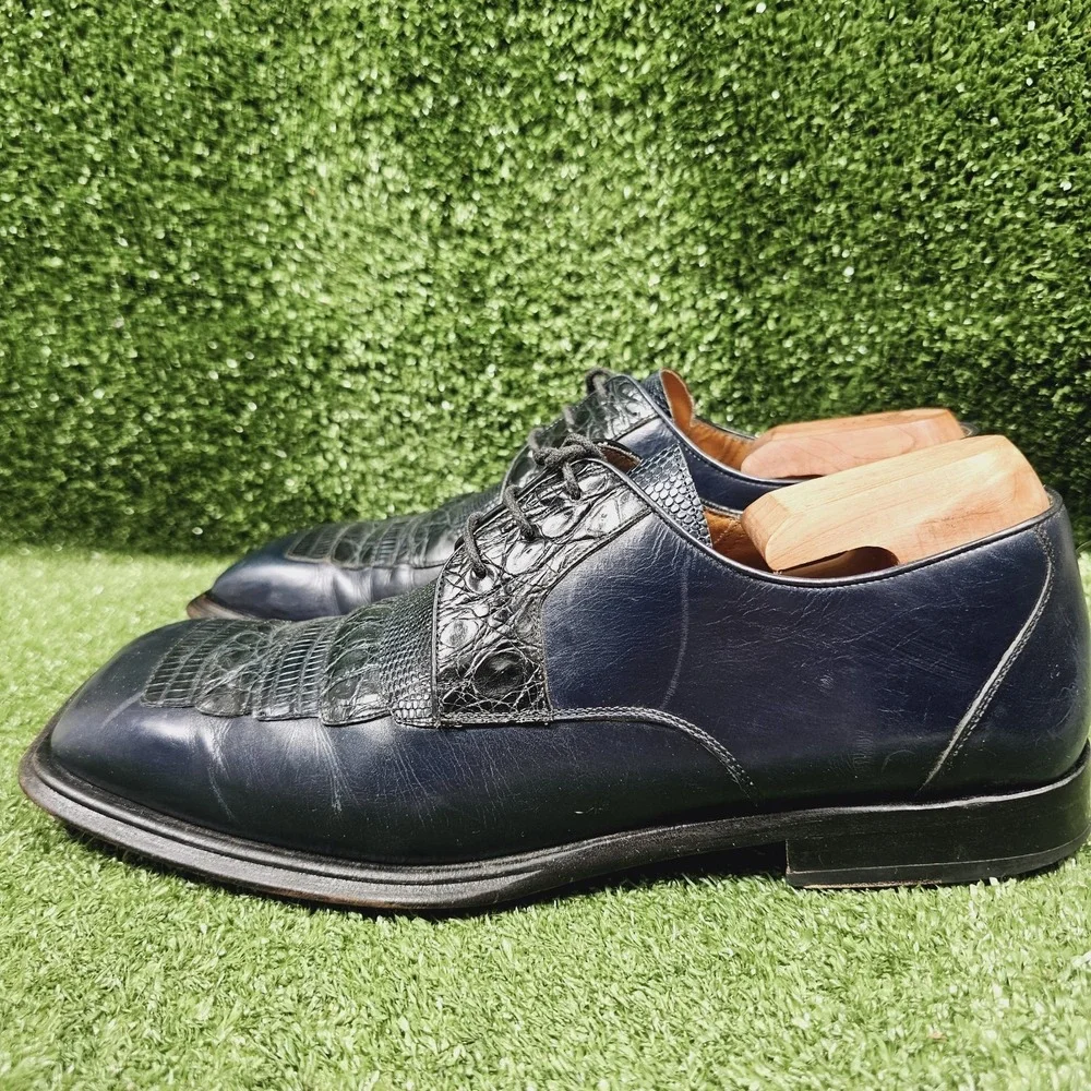 Mezlan Navy Blue Crocodile Leather Square Toe Oxford Dress Shoes Mens Size 9.5